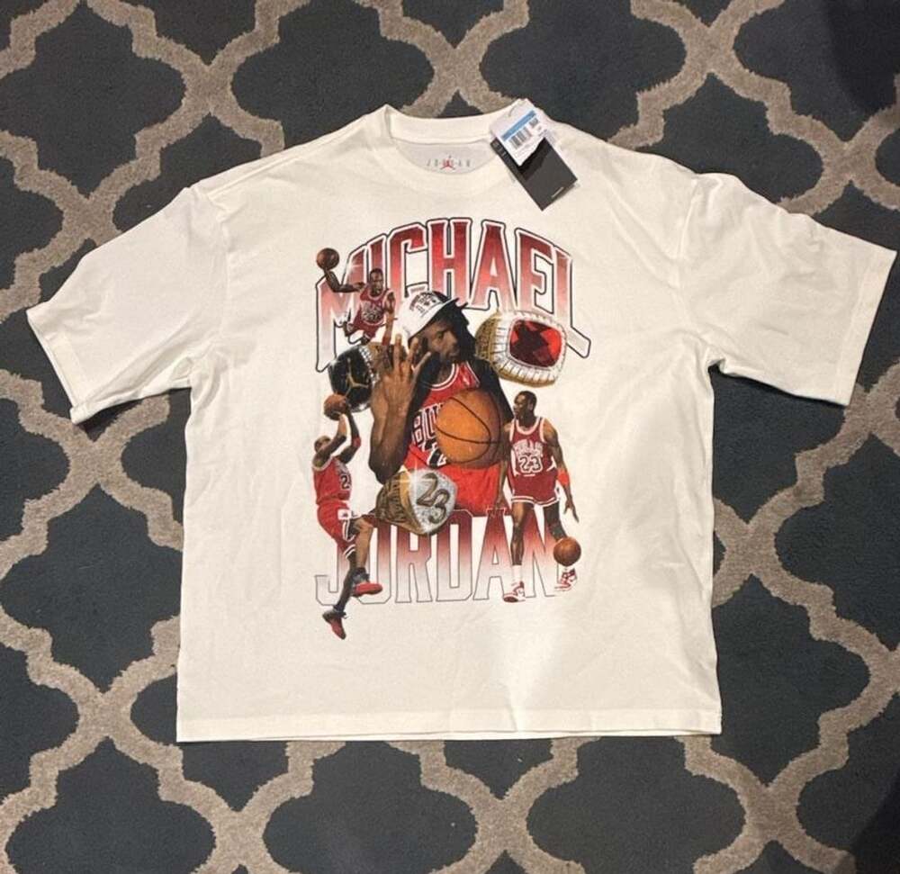 Jordan Flight Essentials Rings Oversized Mens Short Sleeve T-Shirt White Red HM7